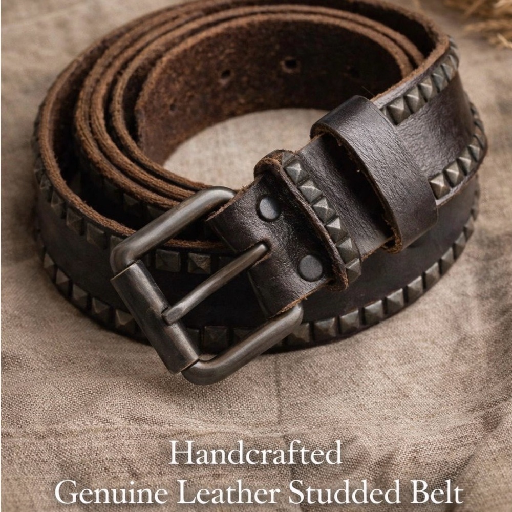 Handcrafted Genuine Leather Studded Belt - Black- studded gunmetal- vintage- XL